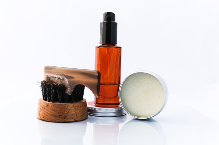 Premium men's beard grooming products including oil, wax and brush